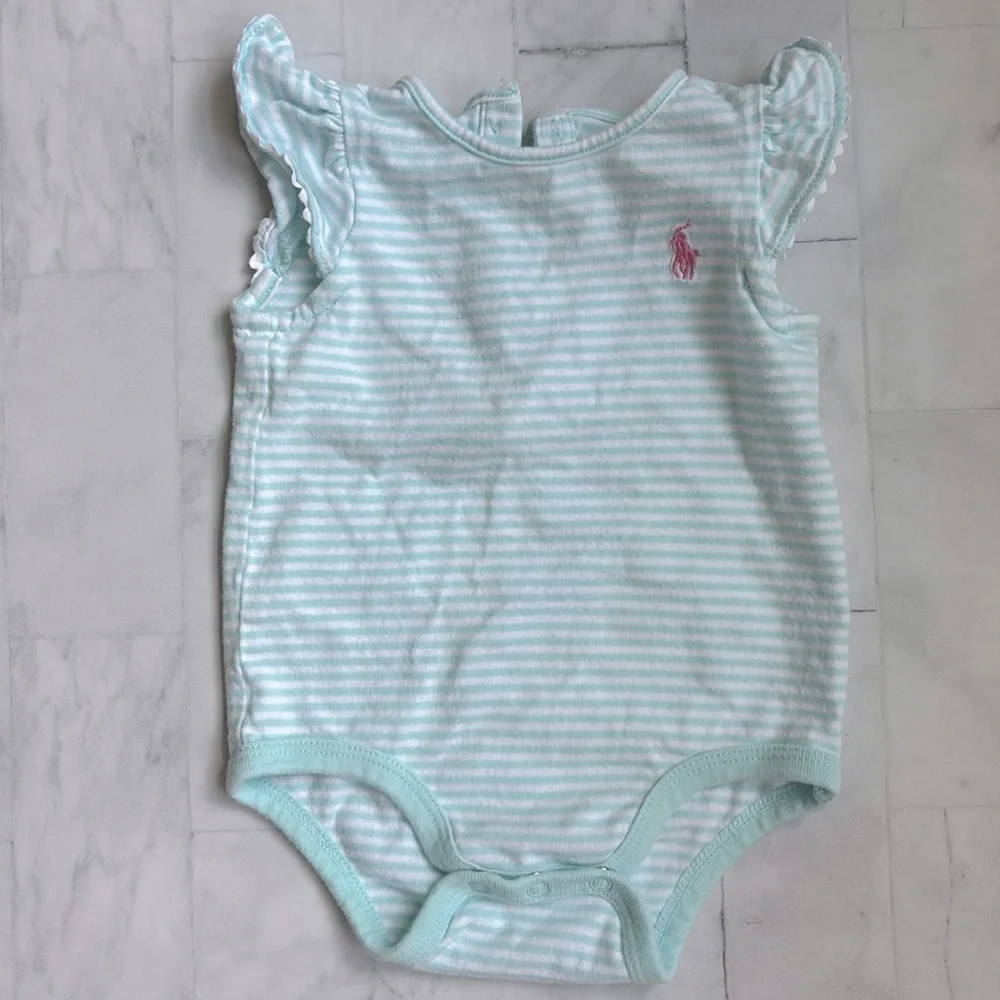 Ralph Lauren Aqua Striped Flutter Sleeve Bodysuit for Baby Girls
